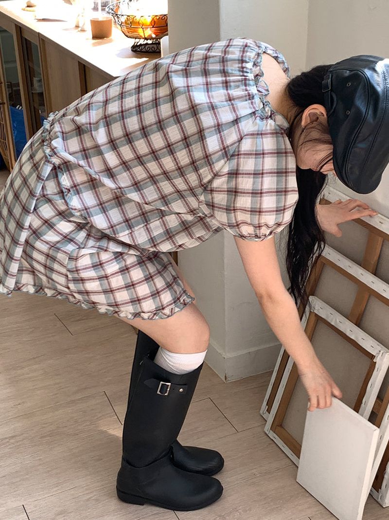SAGE CHECK FRILL DRESS (2C)