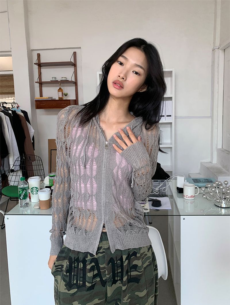 NET SEE-THROUGH KNIT HOOD ZIP-UP