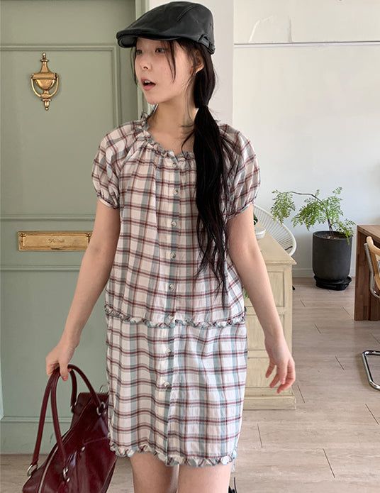 SAGE CHECK FRILL DRESS (2C)