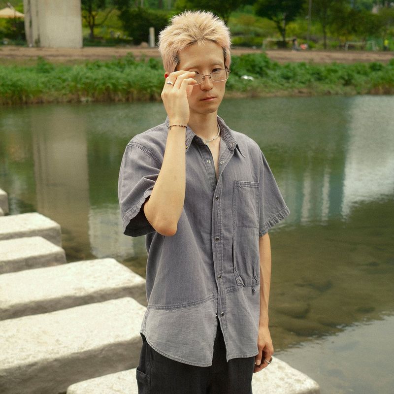 Linen denim work half shirts / Ash purple
