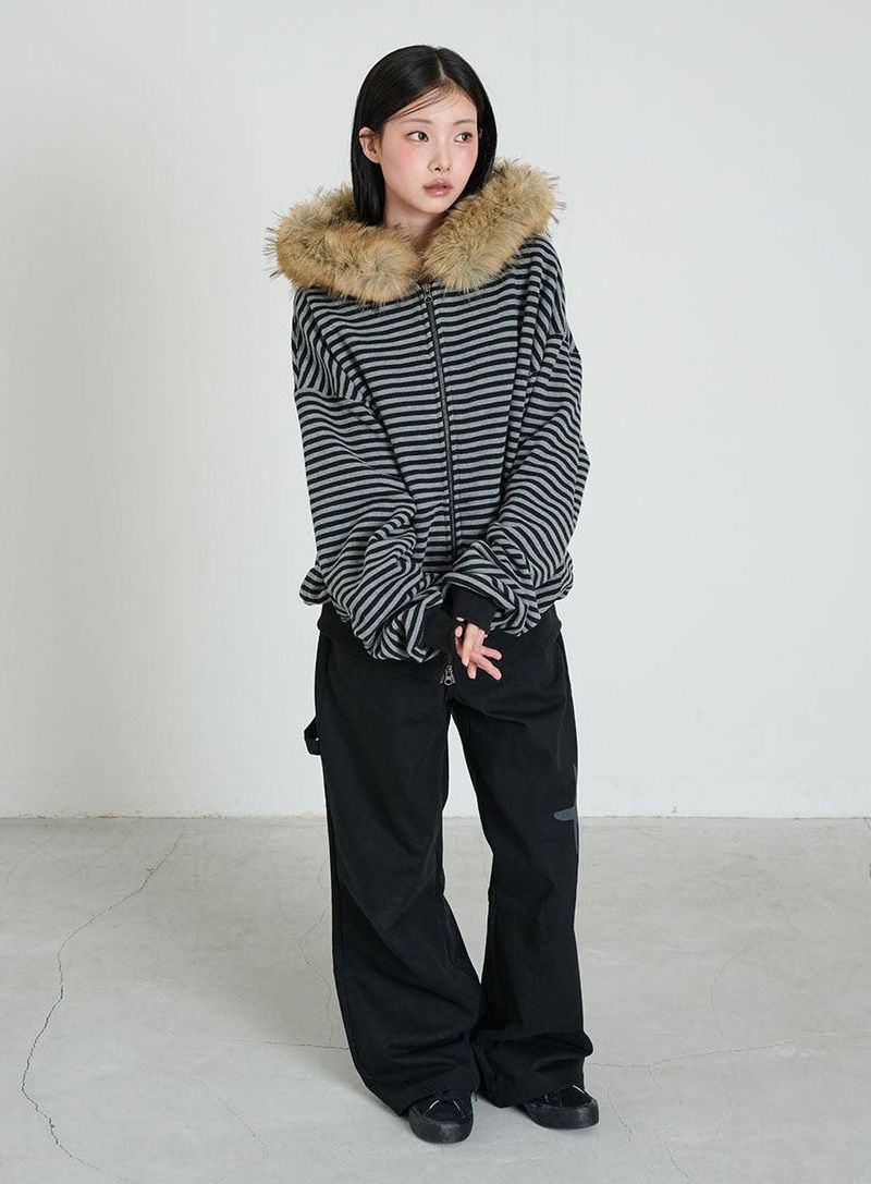 STRIPE WINGS FUR HOODIE ZIP-UP