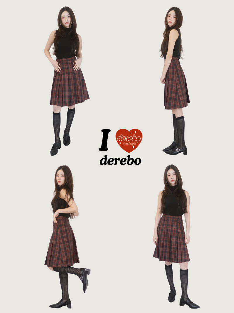 Red Preppy Checkered Midi Pleats Skirt