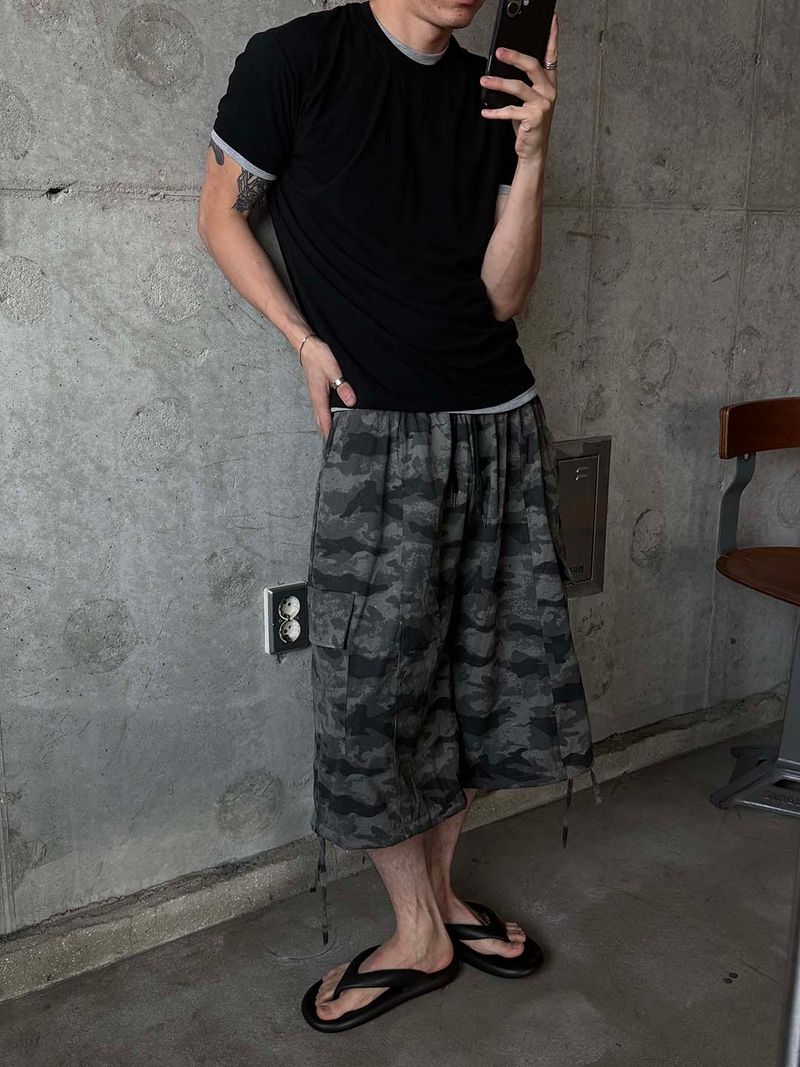 Washed camo cargo bremuda pants(2color)