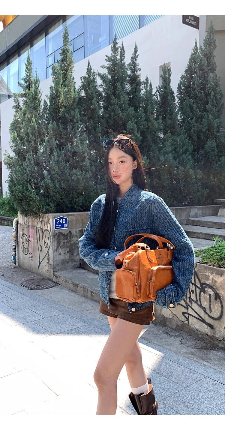 Blue casual gold button denim jacket