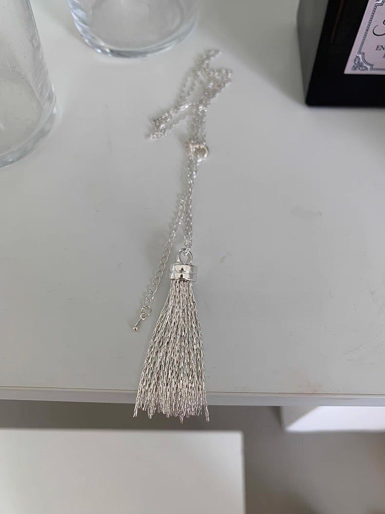 Silver tassel long layered necklace