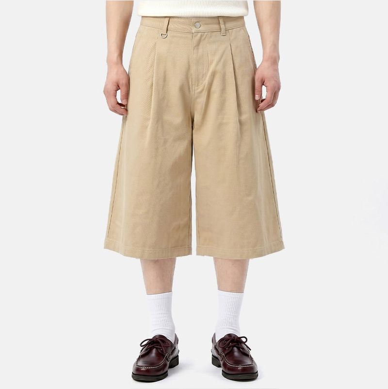 Wide Cotton Pleated Bermuda Shorts Beige
