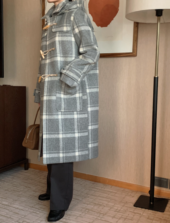 [SHOPPERMADE] Ash Gray Check Wool Long Duffle Coat