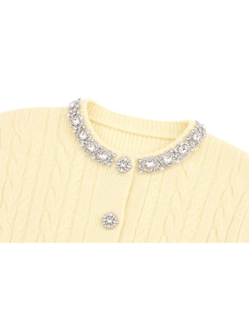 Aria Beads Detail Wool Blended Cable Knit Cardigan Butter