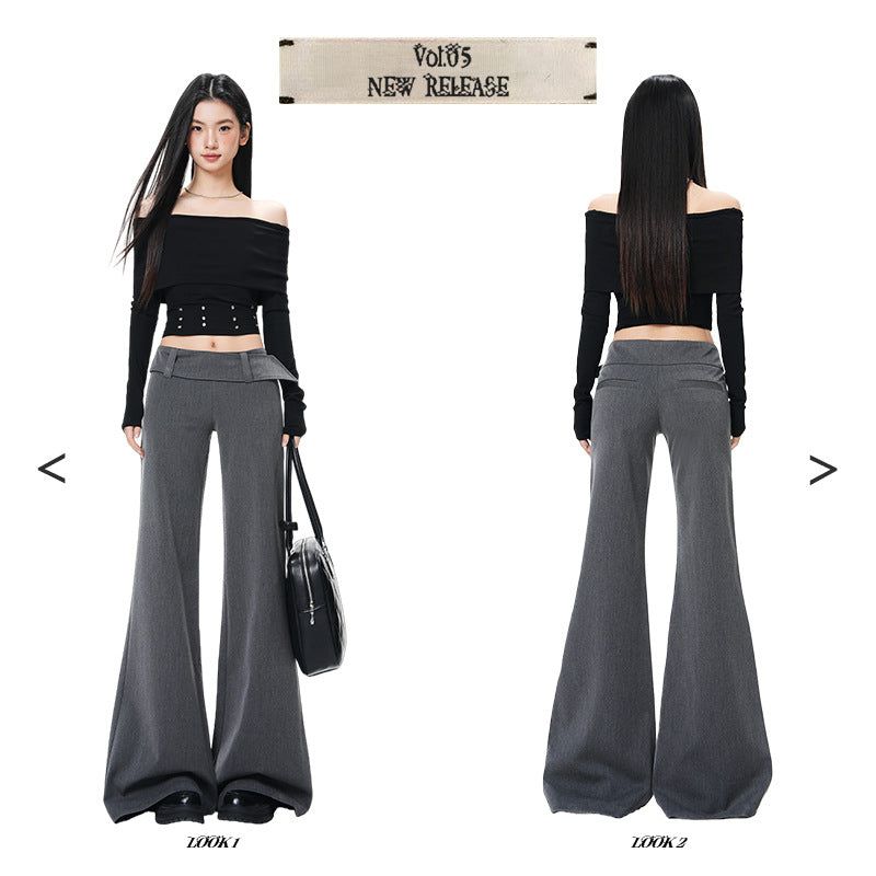 French Low-Waist Micro Flare Slacks – Tailored Slim Wide Casual Pants