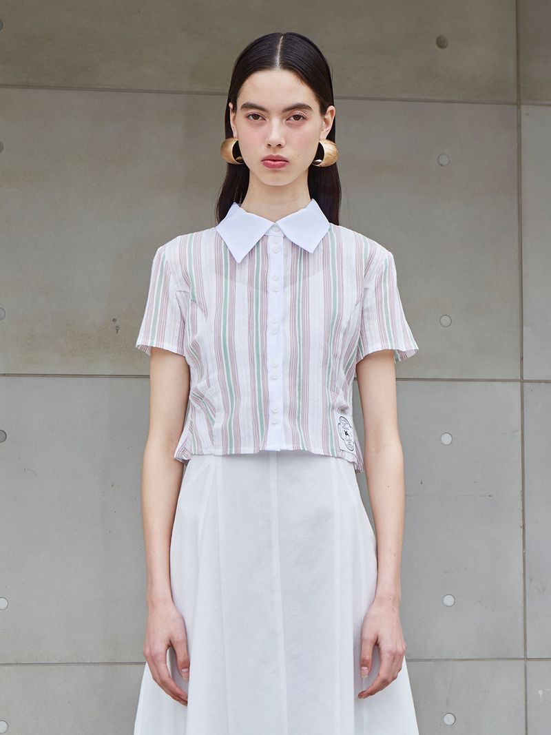 [LINE] Two Button Stripe Blouse (Stripe)