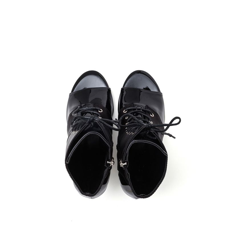 Satin Enamel Lace-Up Open Toe Heel(Black)