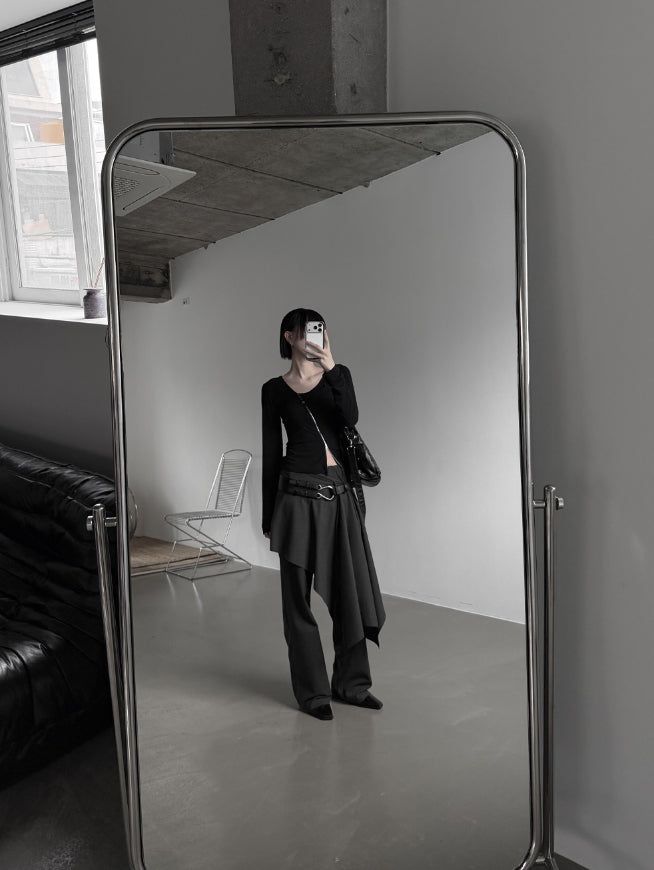 Wet Button Slit Zipper Long Sleeve Top