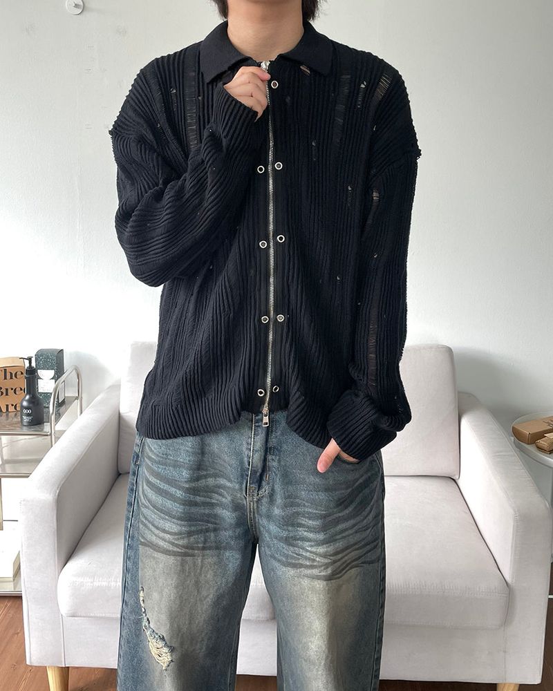 Eyelet Zip-up Knit Cardigan
