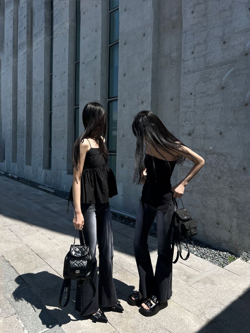 Gradient Washed High Waist Span Long Bootcut Denim Pants (Black)