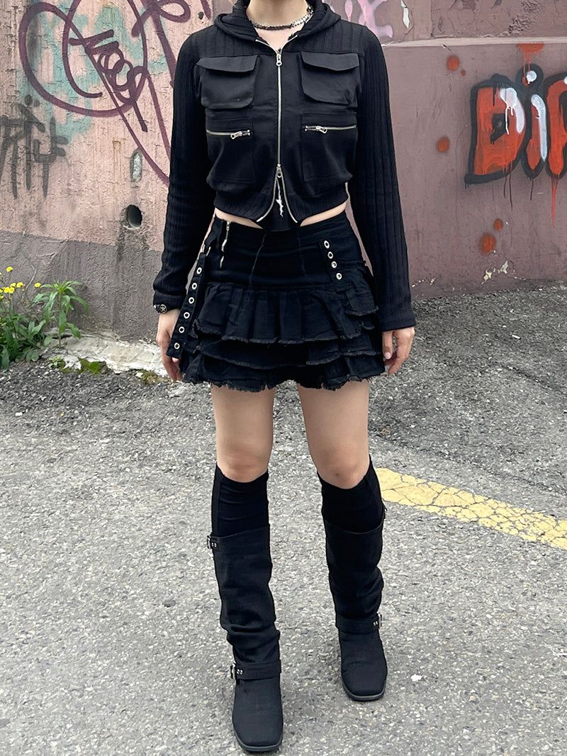 Cropped Two-Way Cargo Hood Zip-Up