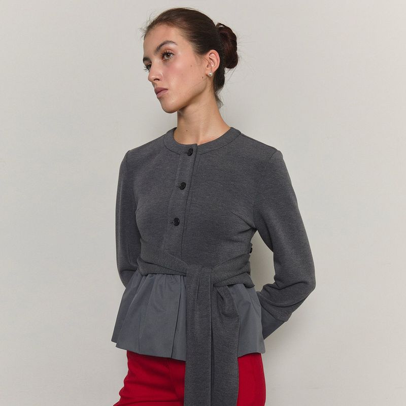 SSOKIN（ソキン）の「Bow Belted Jersey Peplum Blouse _ Grey（Tops）」