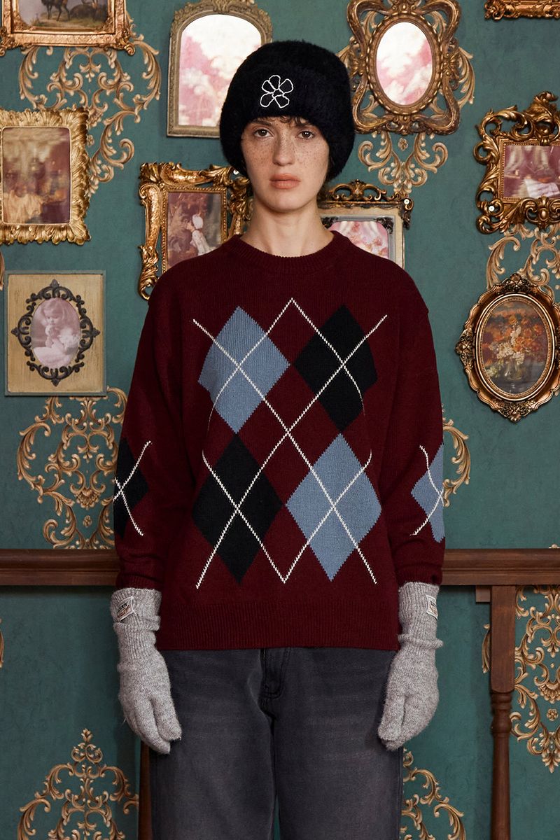 UNALLOYED（アナロイド）の「ARGYLE WOOL KNIT / BURGUNDY（Tops）」
