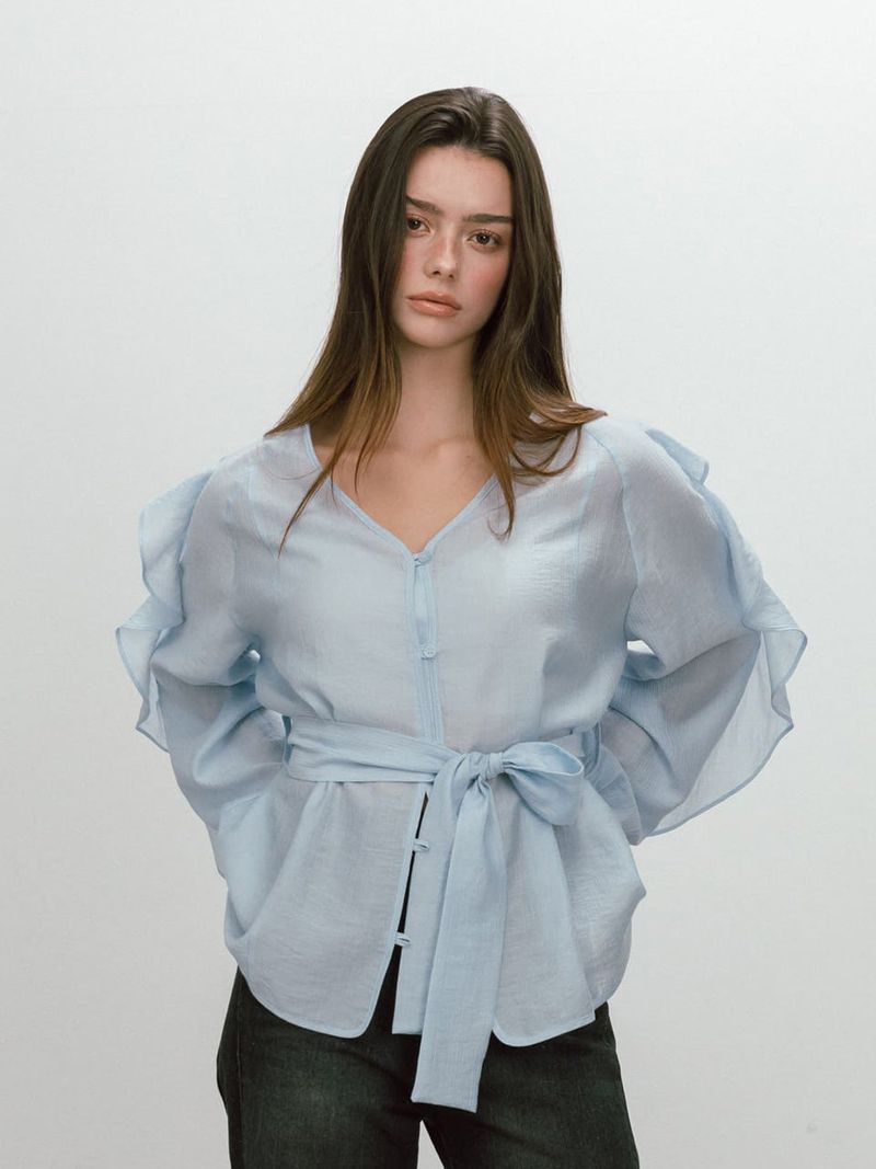 FRILL BELTED BLOUSE / SKYBLUE