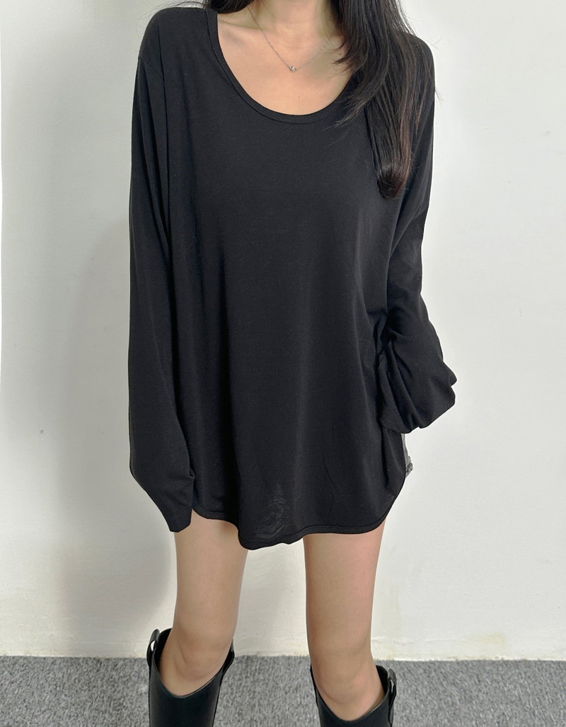 (BASIC ITEM♥/BEST VALUE♥) 3 COLORS STRETCH LIP U-NECK SLEEK LOOSE-FIT BASIC INNER LAYERED LONG-SLEEVE TEE