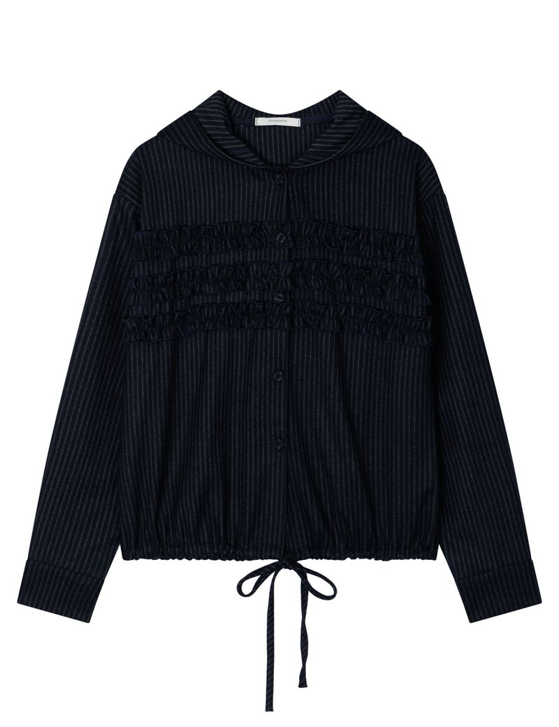 STRIPE RUFFLE HOODED SHIRT(NAVY)