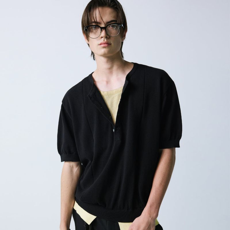 unveil henley neck layerd knit black