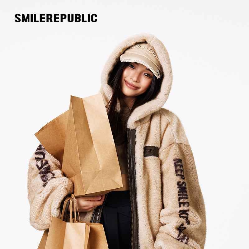 Khaki Polyester Faux Fur Hooded Full Zip Jacket with Graphic Lettering and PU Coated Trim
