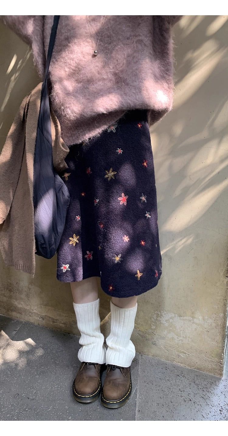 floral embroidered flare wool midi skirt