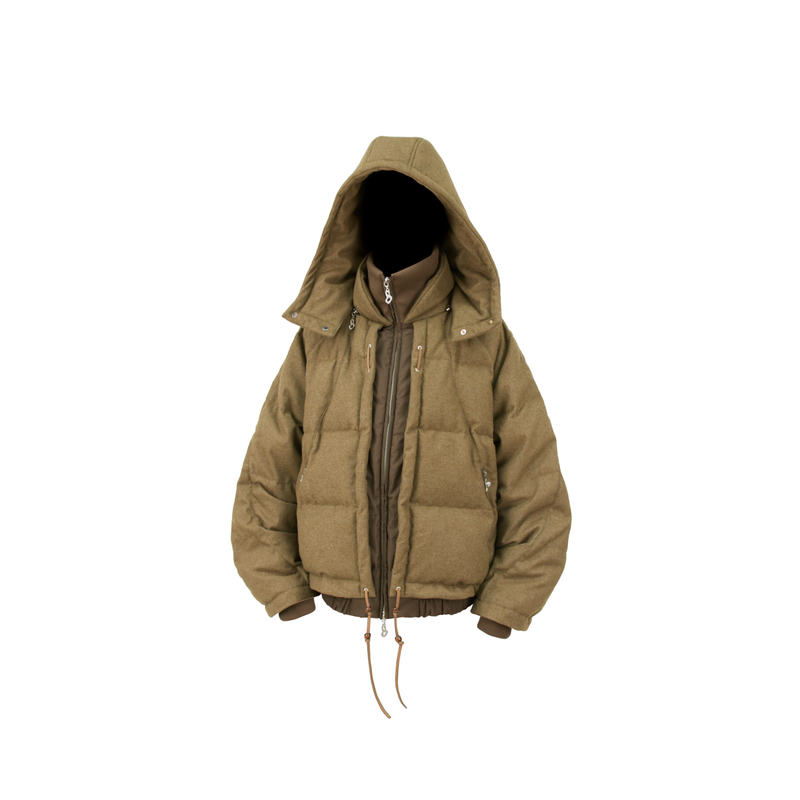RELABEL Interactive (Layered) Multi-Panel Imported Australian Wool Patchwork Detachable Hood Down Jacket