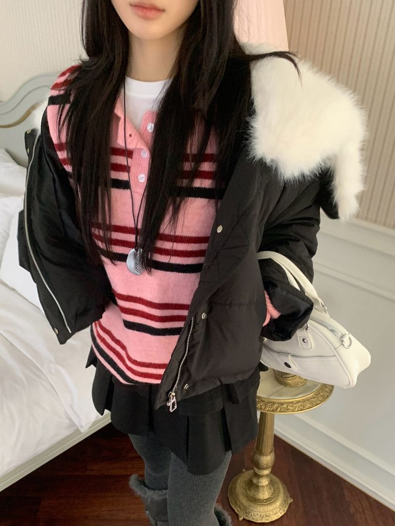 Ice Bloom Fur-Collar Duck Down Short Puffer