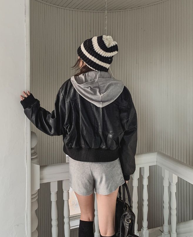 [Mink Lining] Phobia Winter Crop Leather Jacket