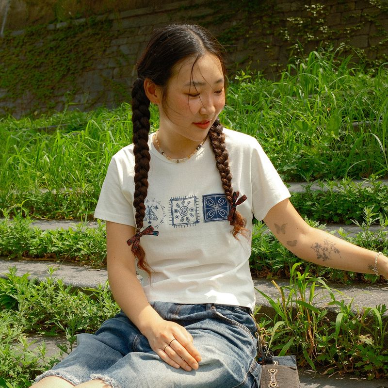(w) Stamp crop half T-shirts / Off White