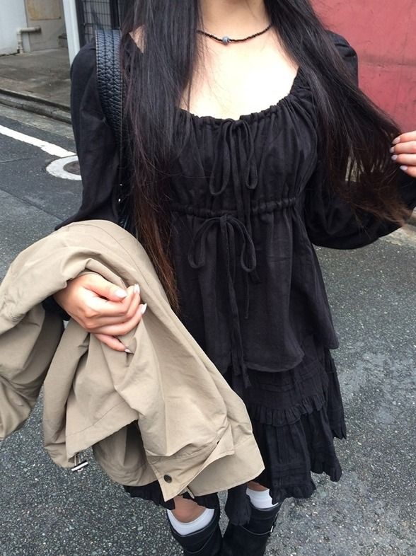 Murun Ribbon Strap Shirring Long Sleeve Blouse
