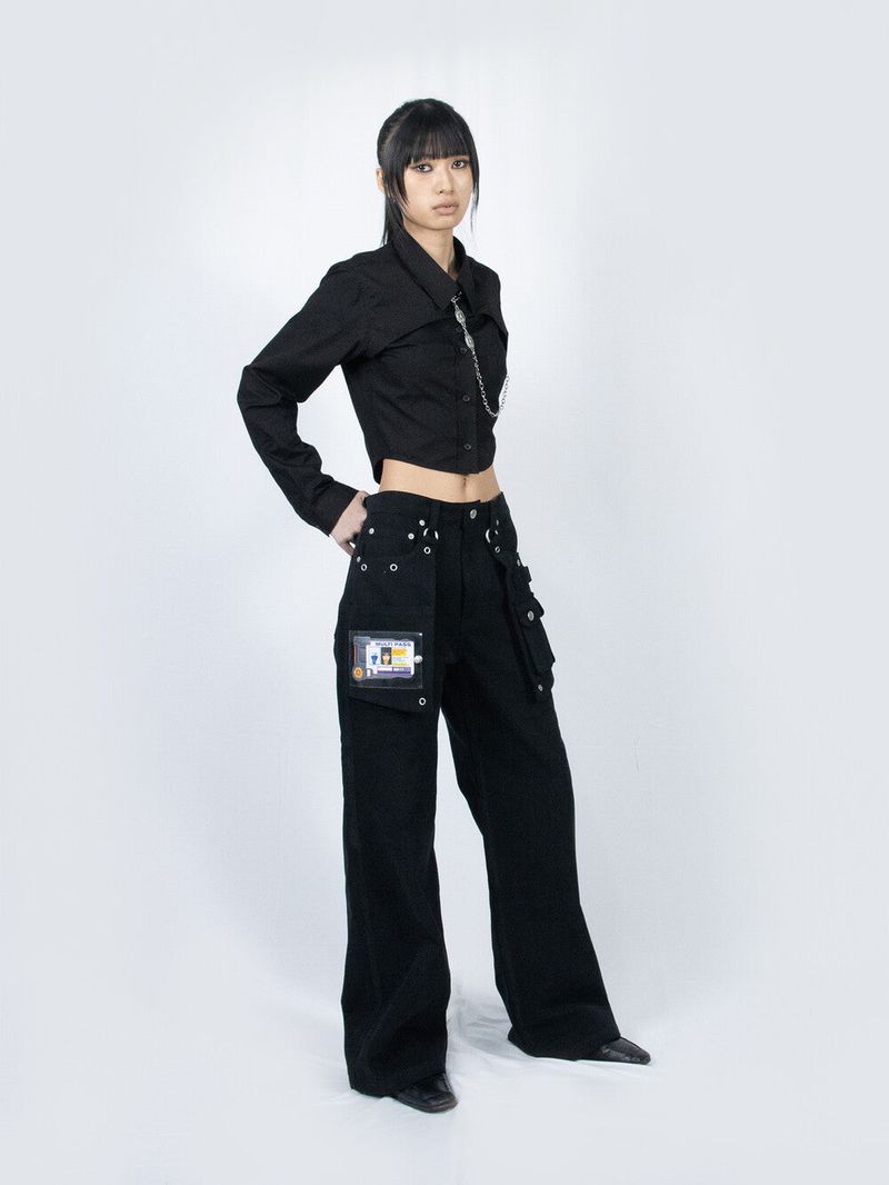 Crop Double Collar Shirts (Black)