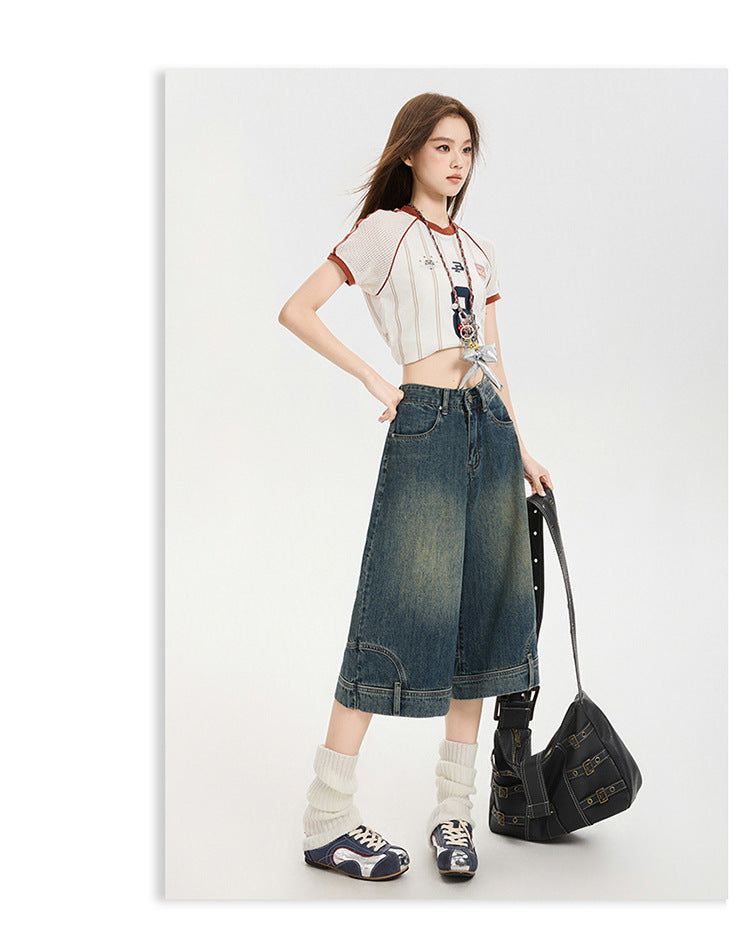 Reversed Detail Wide Denim Bermuda Pants