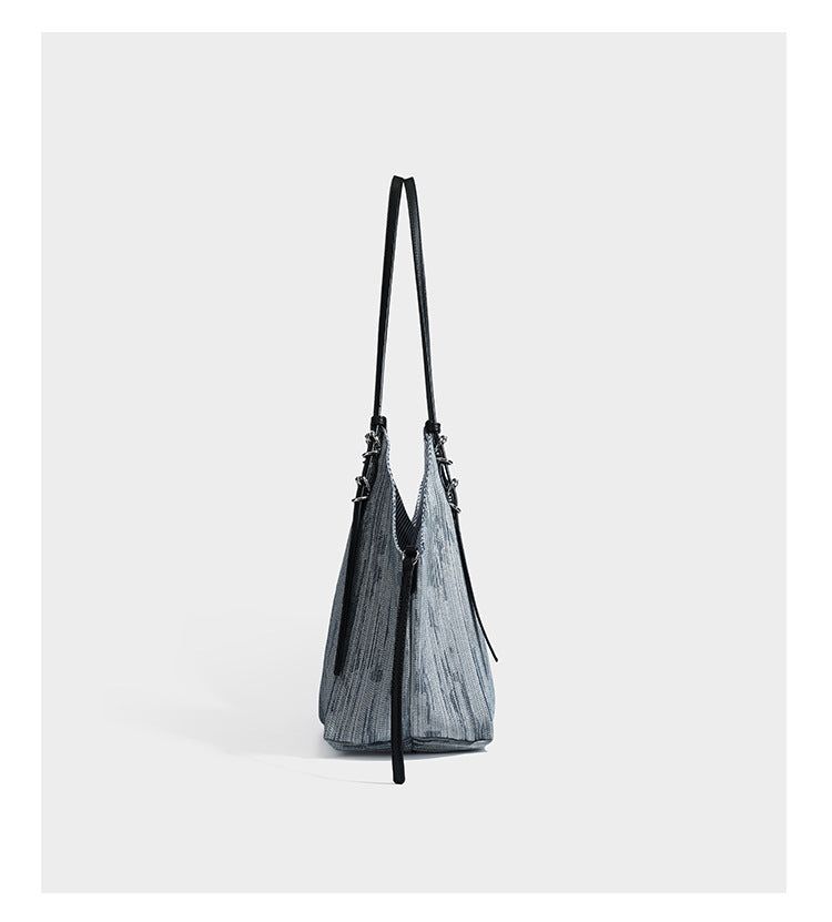 Vertical Stripe Denim Oversized Tote Bag