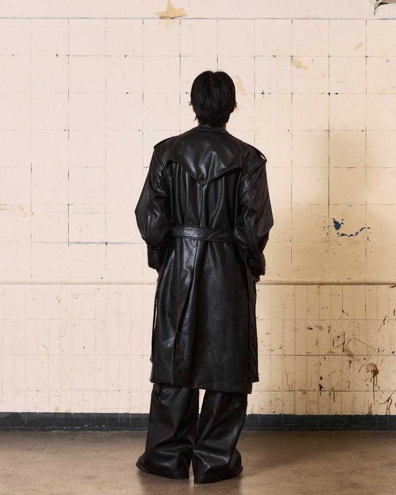 Curved Leather Trench coat (Black)
