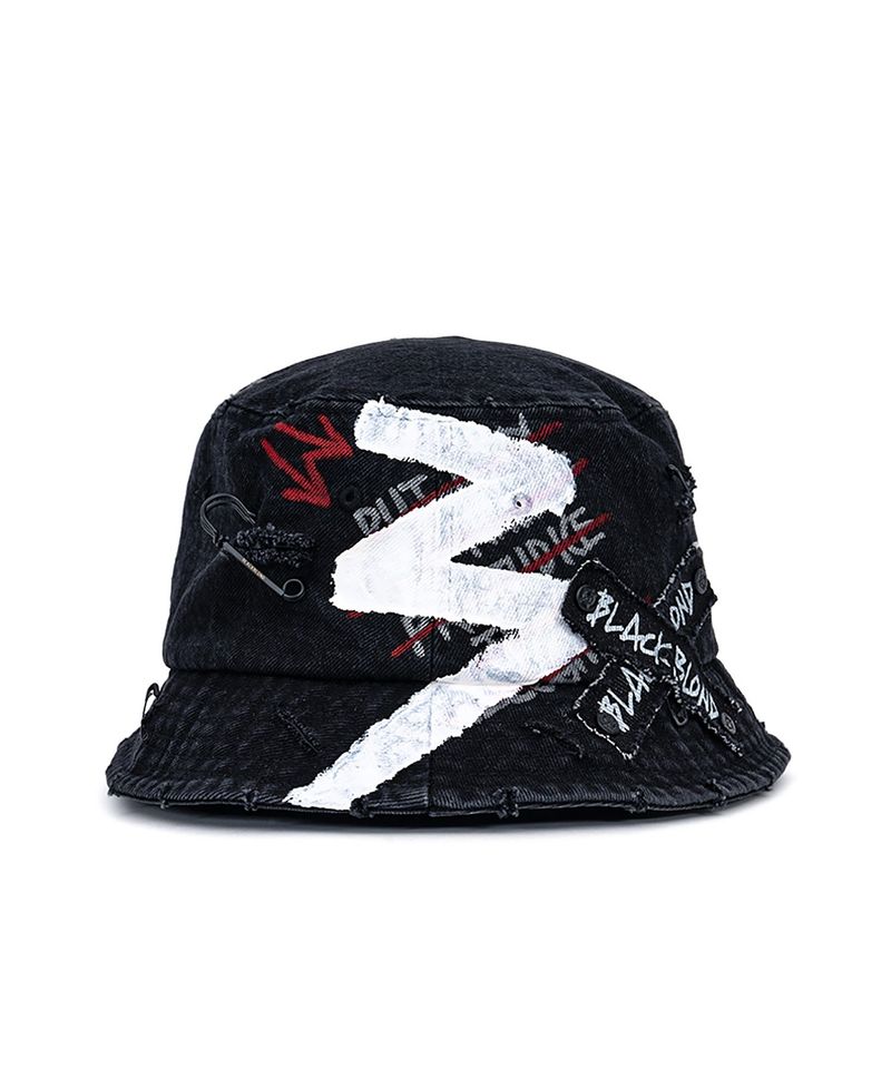 BLACKBLOND(ブラックブロンド)の「BBD Smile Logo Denim Bucket Hat Dirty Custom Ver. (Black)(Hats)」