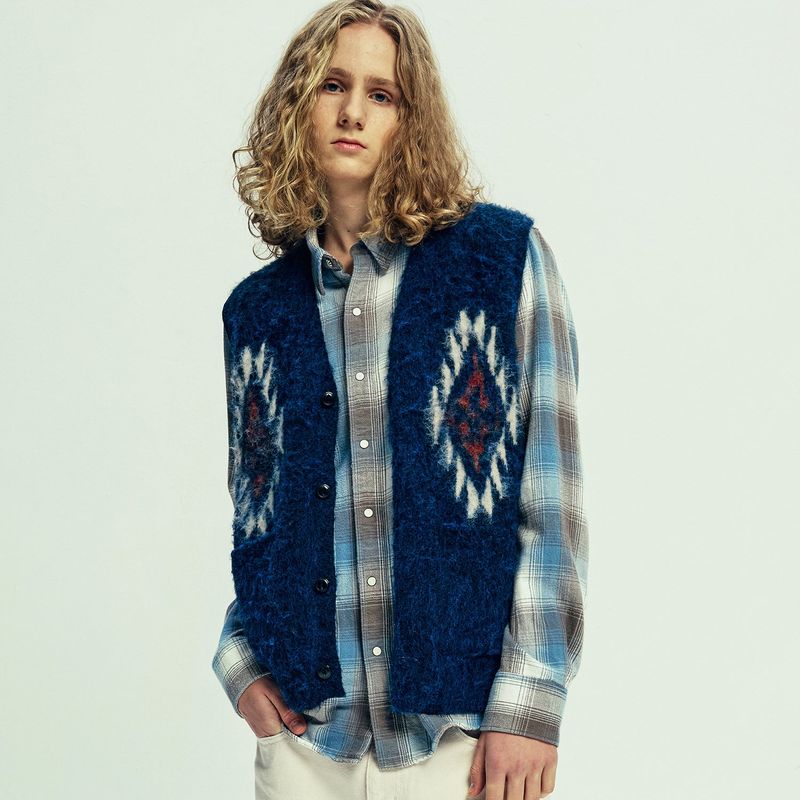 chimayo pattern brushed knit vest navy