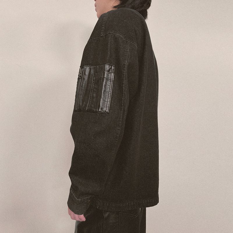 faux leather mix denim shirt_black
