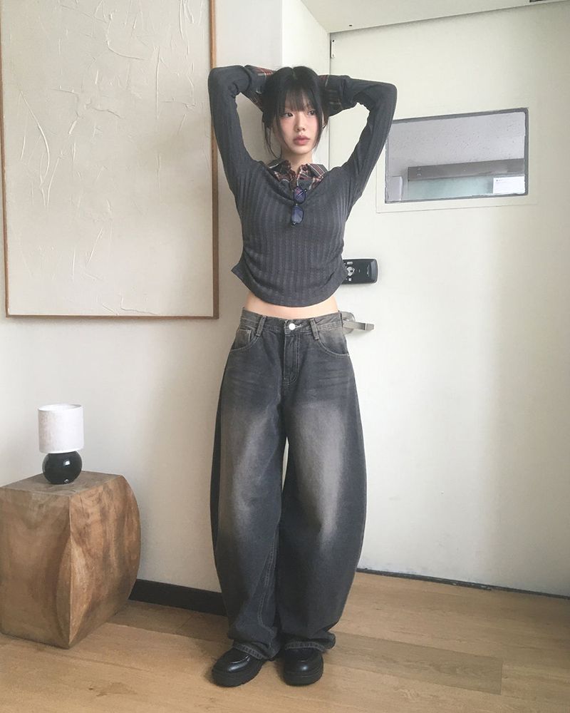 Canv balloon wide washed denim pants