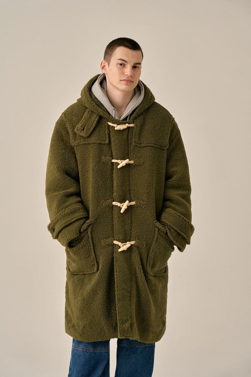 DUFFLE FLEECE HOODED COAT - KHAKI