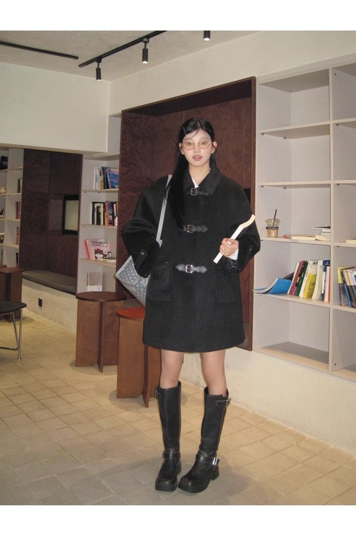 wool black collar buckle half coat