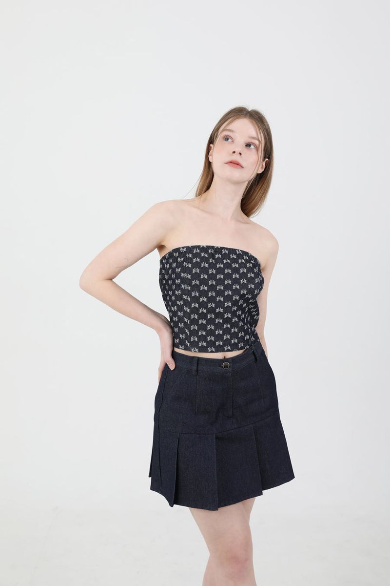 Denim Ribbon Crop Top Dark Blue