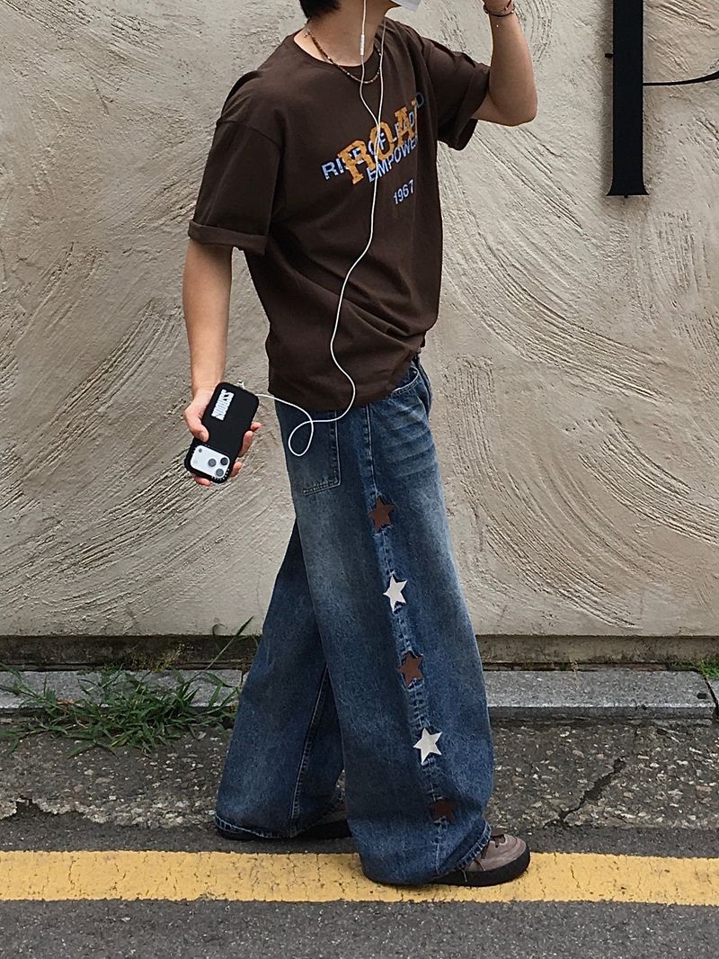 Star embroidered denim pants (middle blue)