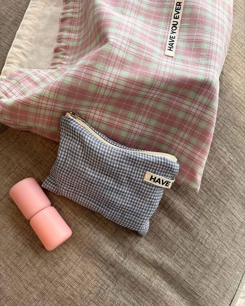 Pattern string pouch - pink check , M size