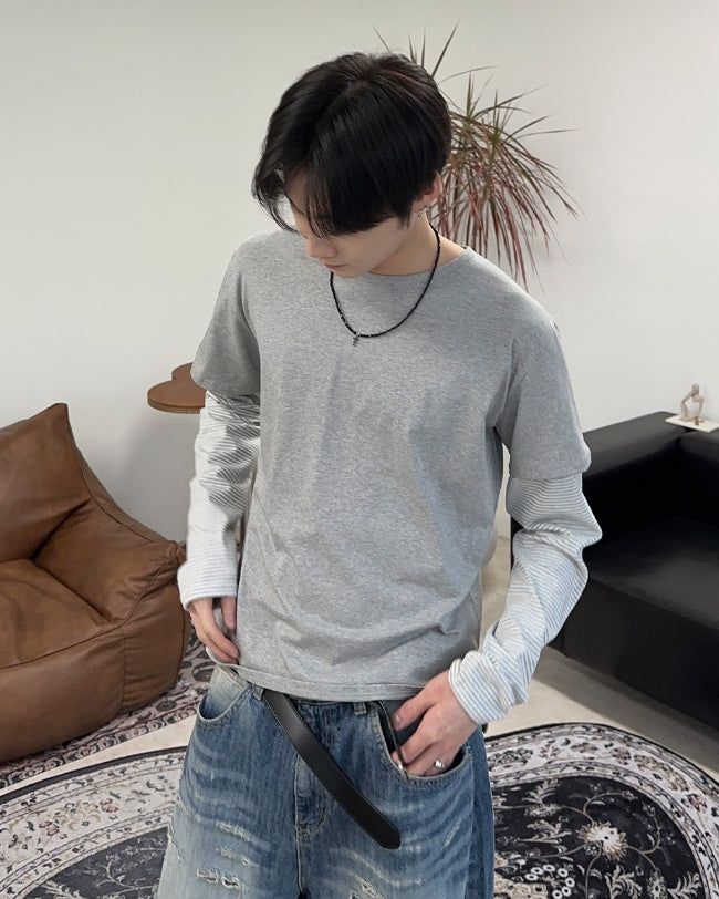 SATIIIZ（サティーズ）の「Hass striped layered t-shirt（Tops）」