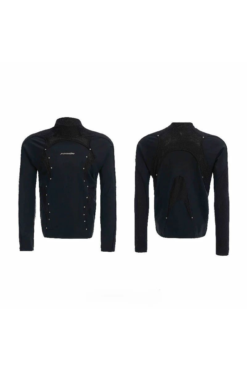Deconstructed Mesh Panel Studded Turtleneck Tee