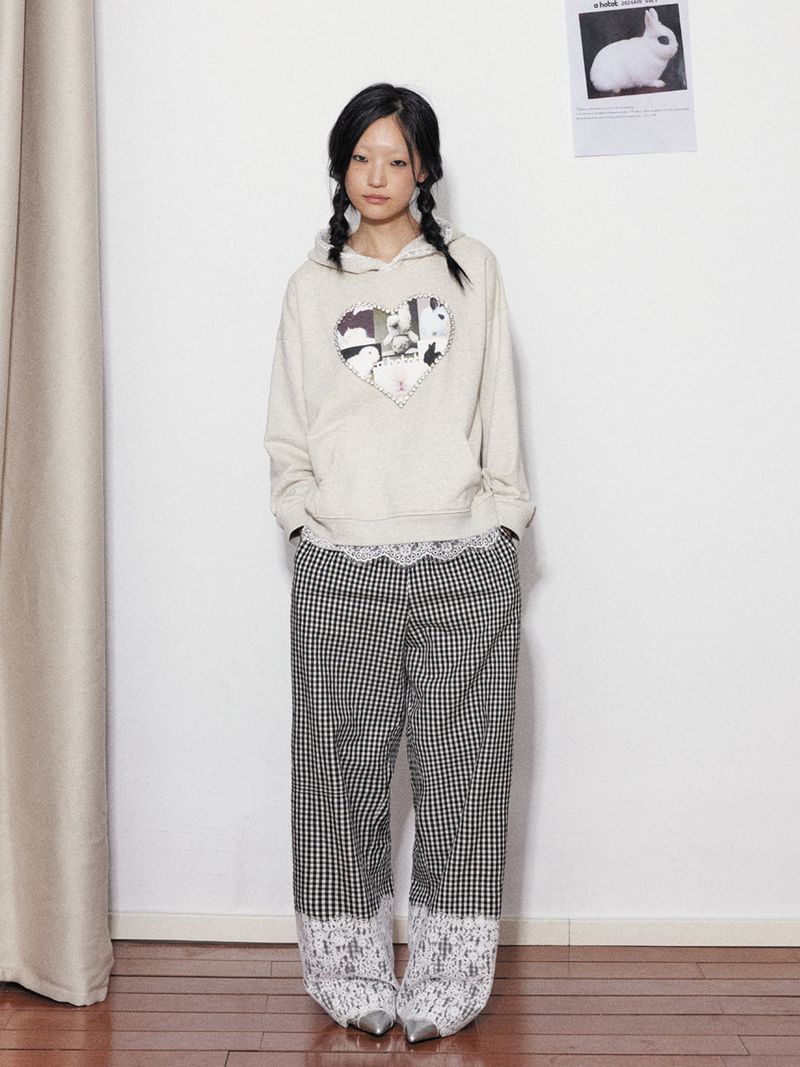 Rabbit printed , lace and rhinestone Hoodie