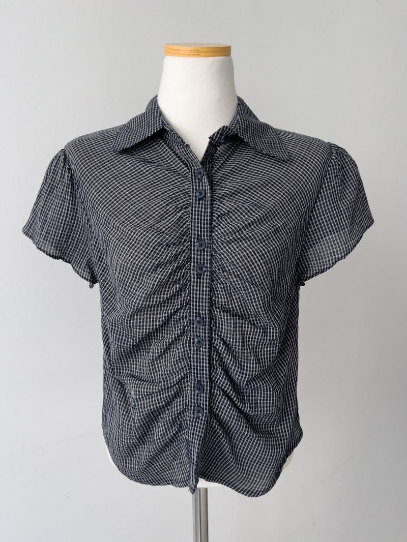 Check Shirred Short Sleeve Blouse