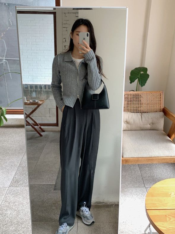 AZ Collar Crop Knit Zip-up (4color)